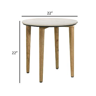 Wolu 22 Inch Side End Table, White Marble Round Top, Natural Brown Wood