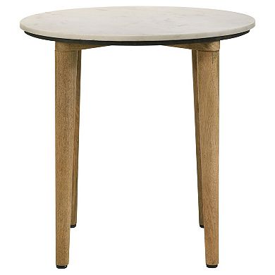 Wolu 22 Inch Side End Table, White Marble Round Top, Natural Brown Wood