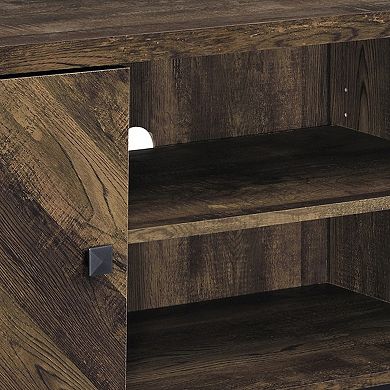 60 Inch TV Media Console Cabinet, 2 Herringbone Doors, Rustic Brown Wood
