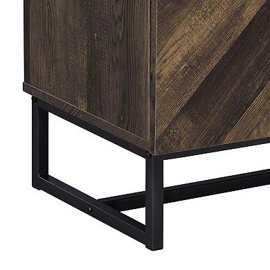 60 Inch TV Media Console Cabinet, 2 Herringbone Doors, Rustic Brown Wood