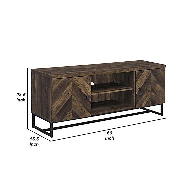 60 Inch TV Media Console Cabinet, 2 Herringbone Doors, Rustic Brown Wood