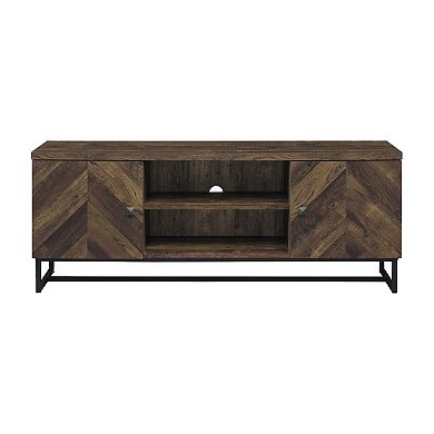 60 Inch TV Media Console Cabinet, 2 Herringbone Doors, Rustic Brown Wood