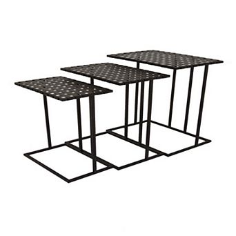 Set Of 3 Plant Stand Side Tables, Rectangular Mesh Top, Black Metal Frame