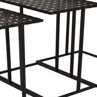Set Of 3 Plant Stand Side Tables, Rectangular Mesh Top, Black Metal Frame