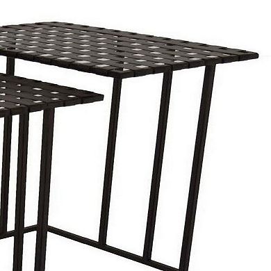 Set Of 3 Plant Stand Side Tables, Rectangular Mesh Top, Black Metal Frame