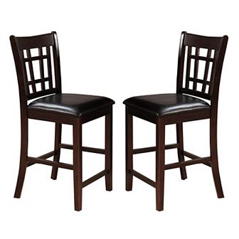 41 Inch Wood Counter Height Chair, Leatherette Seat, Dark Brown, Set of 2