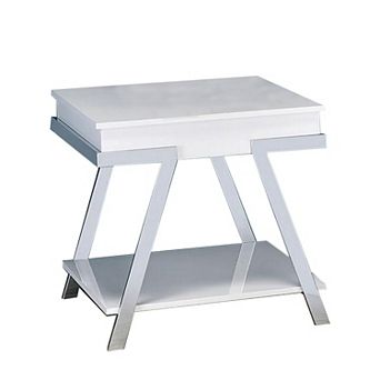 Tius 26 Inch Side End Table, Open Shelf, Chrome, High Gloss White Finish