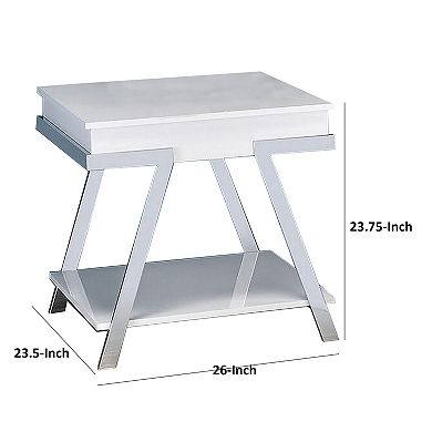 Tius 26 Inch Side End Table, Open Shelf, Chrome, High Gloss White Finish