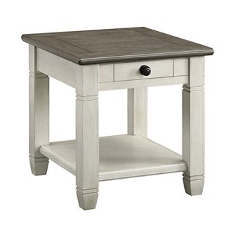 Rome 26 Inch Side End Table, Square, 1 Drawer, Brown, White, Solid Wood