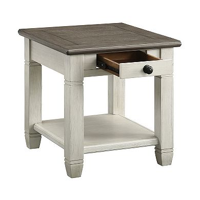 Rome 26 Inch Side End Table, Square, 1 Drawer, Brown, White, Solid Wood