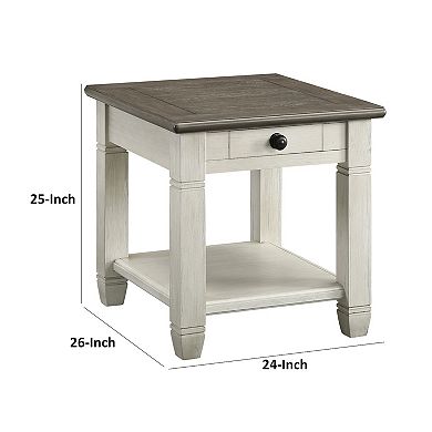 Rome 26 Inch Side End Table, Square, 1 Drawer, Brown, White, Solid Wood