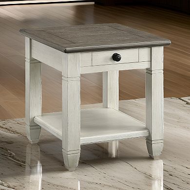 Rome 26 Inch Side End Table, Square, 1 Drawer, Brown, White, Solid Wood