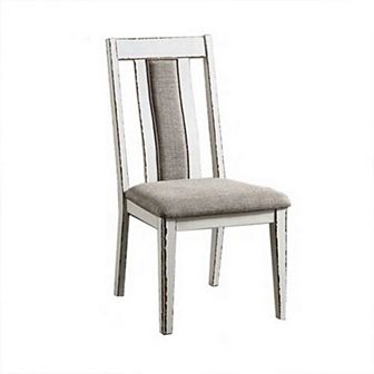 24 Inch Dining Side Chair Set Of 2, Rustic White Wood, Gray Fabric Seat