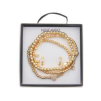 Nine West Gold Tone Heart Stretch Bracelet Duo Stud Earring Set