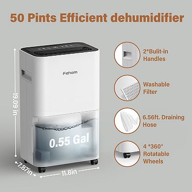 Fehom 50 Pints Dehumidifier for Home Basements 4500 Sq. Ft. with Drain Hose Timer