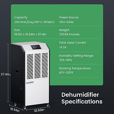 291 Pints Large Commercial Industrial Dehumidifier with Drain Hose Space up to 9000 Sq. Ft.