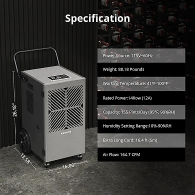 155 Pint Commercial Dehumidifier With Built-in Pump For Space Up To 8,000 Sq. Ft
