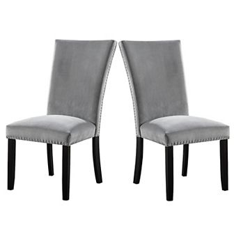 28 Inch Dining Side Chair Set Of 2, Padded Gray Flannelette, Black Wood