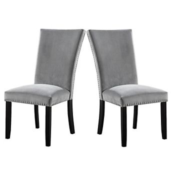 28 Inch Dining Side Chair Set Of 2, Padded Gray Flannelette, Black Wood