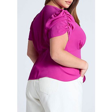 Eloquii Women's Plus Size Shirred Sleeve Top With Buttons