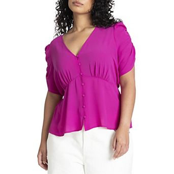 Eloquii Women's Plus Size Shirred Sleeve Top With Buttons