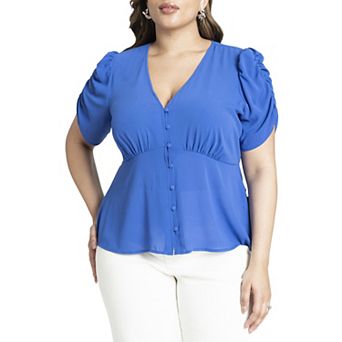 Eloquii Women's Plus Size Shirred Sleeve Top With Buttons