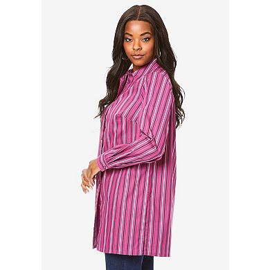 Roaman's Women's Plus Size Kate Long-Sleeve Crisp Cotton-Blend Button-Front Tunic