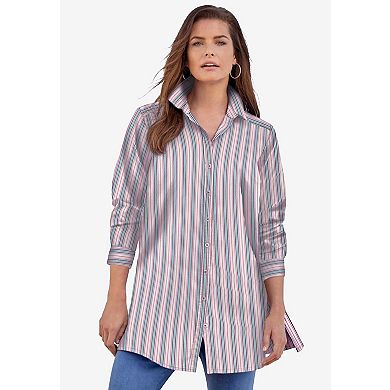 Roaman's Women's Plus Size Kate Long-Sleeve Crisp Cotton-Blend Button-Front Tunic