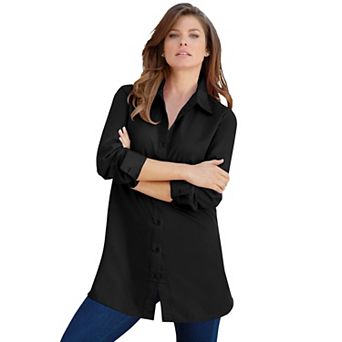 Roaman's Women's Plus Size Plus Size Kate Long Sleeve Tunic Easy Cotton-Blend Button-Front Shirt