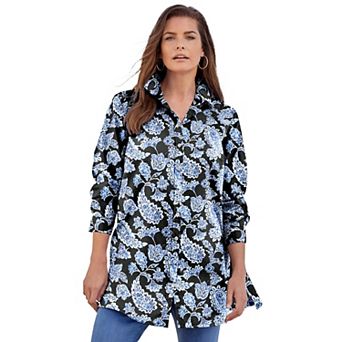 Roaman's Women's Plus Size Kate Long Sleeve Tunic Easy Cotton-Blend Button-Front Shirt