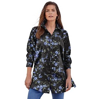 Roaman's Women's Plus Size Plus Size Kate Long Sleeve Tunic Easy Cotton-Blend Button-Front Shirt