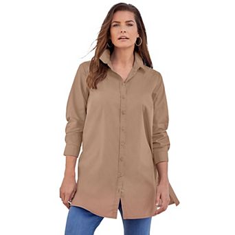 Roaman's Women's Plus Size Plus Size Kate Long Sleeve Tunic Easy Cotton-Blend Button-Front Shirt