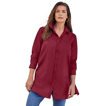 Roaman's Women's Plus Size Plus Size Kate Long Sleeve Tunic Easy Cotton-Blend Button-Front Shirt