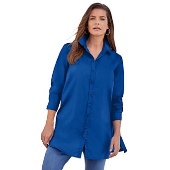 Roaman's Women's Plus Size Kate Long Sleeve Tunic Easy Cotton-Blend Button-Front Shirt