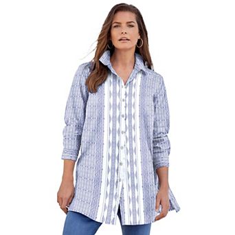 Roaman's Women's Plus Size Plus Size Kate Long Sleeve Tunic Easy Cotton-Blend Button-Front Shirt