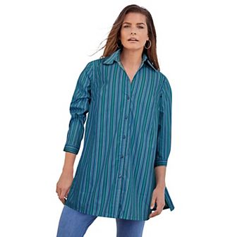 Roaman's Women's Plus Size Plus Size Kate Long Sleeve Tunic Easy Cotton-Blend Button-Front Shirt