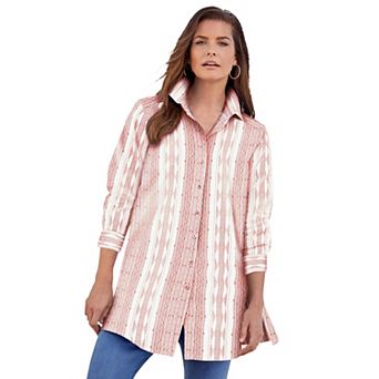 Roaman's Women's Plus Size Kate Long Sleeve Tunic Easy Cotton-Blend Button-Front Shirt