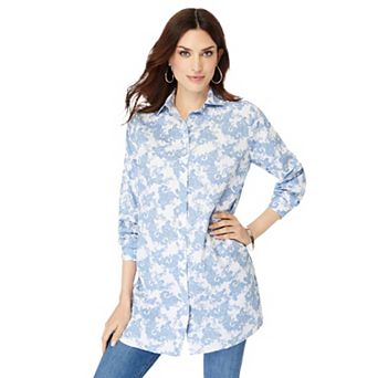 Roaman's Women's Plus Size Kate Long-Sleeve Crisp Cotton-Blend Button-Front Tunic