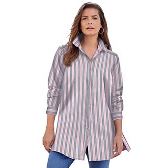 Roaman's Women's Plus Size Plus Size Kate Long Sleeve Tunic Easy Cotton-Blend Button-Front Shirt