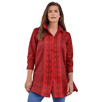 Roaman's Women's Plus Size Plus Size Kate Long Sleeve Tunic Easy Cotton-Blend Button-Front Shirt