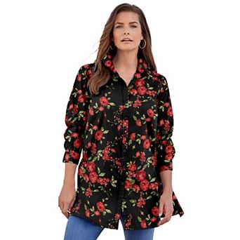 Roaman's Women's Plus Size Plus Size Kate Long Sleeve Tunic Easy Cotton-Blend Button-Front Shirt