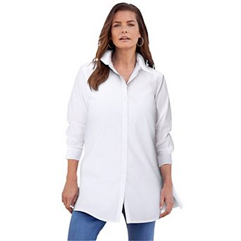 Roaman's Women's Plus Size Plus Size Kate Long Sleeve Tunic Easy Cotton-Blend Button-Front Shirt