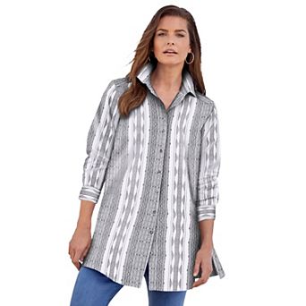 Roaman's Women's Plus Size Kate Long Sleeve Tunic Easy Cotton-Blend Button-Front Shirt