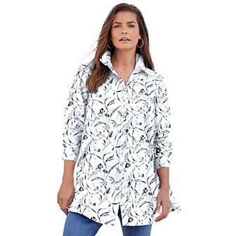 Roaman's Women's Plus Size Plus Size Kate Long Sleeve Tunic Easy Cotton-Blend Button-Front Shirt