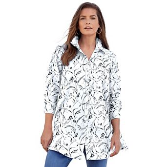 Roaman's Women's Plus Size Kate Long Sleeve Tunic Easy Cotton-Blend Button-Front Shirt