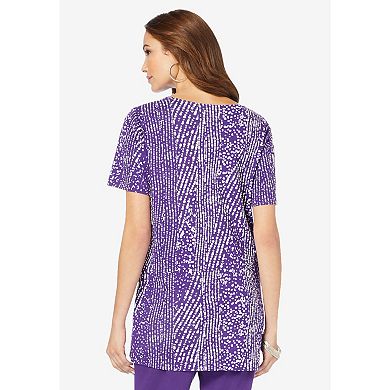 Roaman's Women's Plus Size Print Notch Neck Soft Knit Tunic