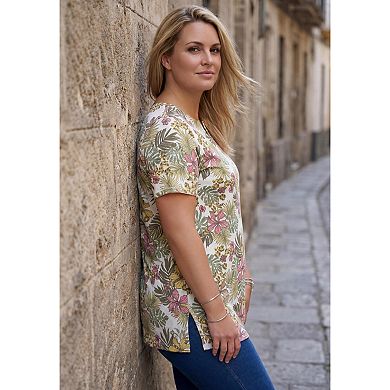 Roaman's Women's Plus Size Soft Knit Print Tunic With Notch Neckline