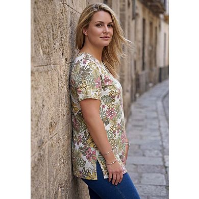 Roaman's Women's Plus Size Soft Knit Print Tunic With Notch Neckline