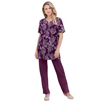 Roaman's Women's Plus Size Soft Knit Print Tunic With Notch Neckline