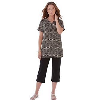 Roaman's Women's Plus Size Soft Knit Print Tunic With Notch Neckline